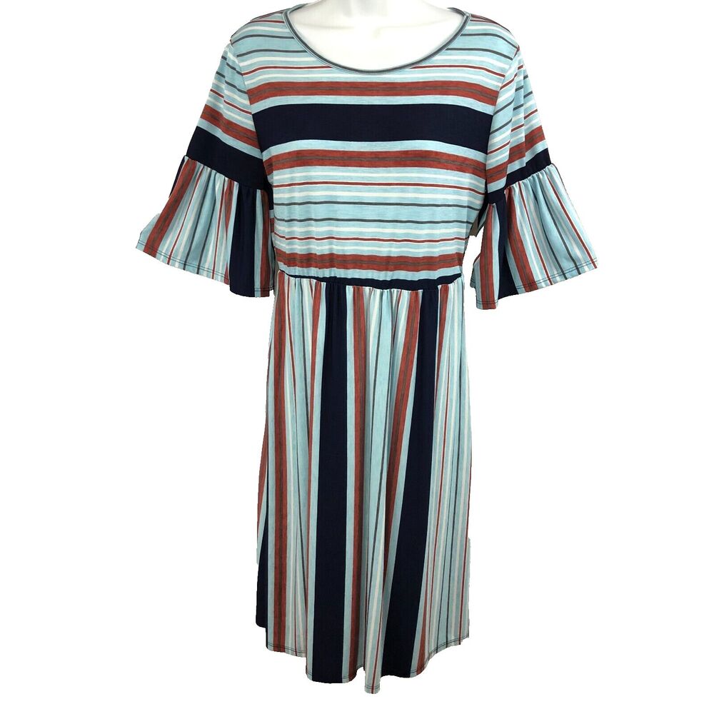 Egs Womens Large Shift Dress Blue Multicolor Striped Elastic Waist L